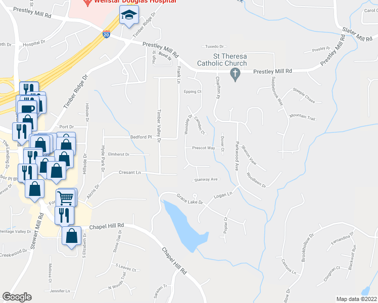 map of restaurants, bars, coffee shops, grocery stores, and more near 5818 Wembley Drive in Douglasville