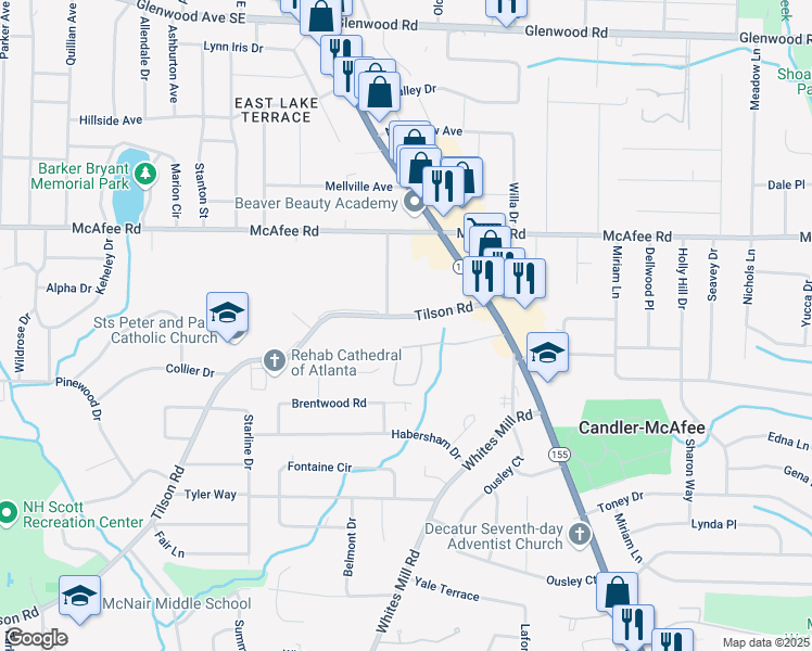 map of restaurants, bars, coffee shops, grocery stores, and more near 2719 Tilson Road in Decatur