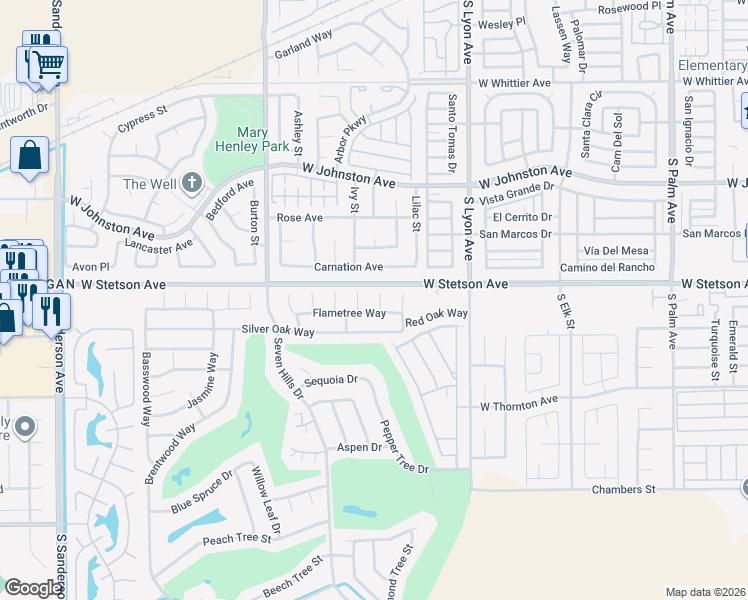 map of restaurants, bars, coffee shops, grocery stores, and more near 1127 Alleppo Court in Hemet