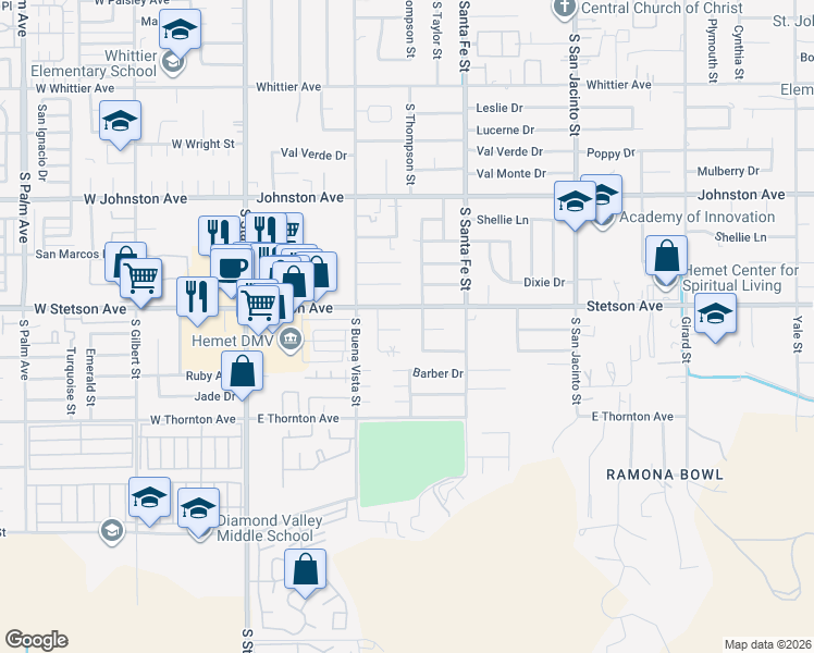 map of restaurants, bars, coffee shops, grocery stores, and more near 680 Vista De Loma in Hemet