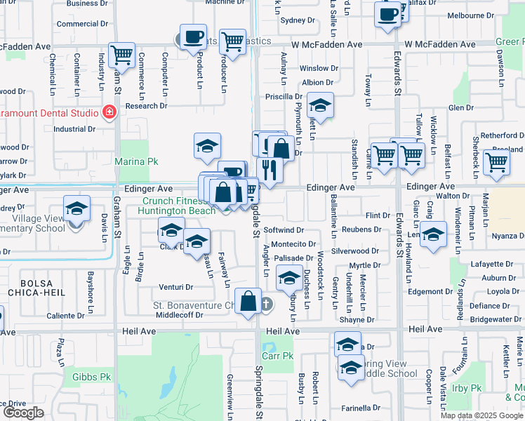 map of restaurants, bars, coffee shops, grocery stores, and more near 16072 Springdale Street in Huntington Beach