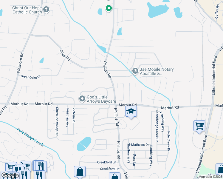 map of restaurants, bars, coffee shops, grocery stores, and more near 2059 Phillips Road in Lithonia
