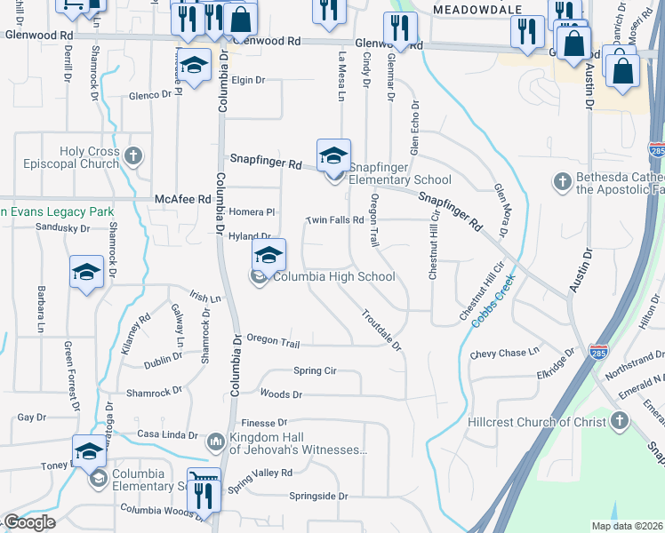 map of restaurants, bars, coffee shops, grocery stores, and more near 2071 Willamette Way in Decatur