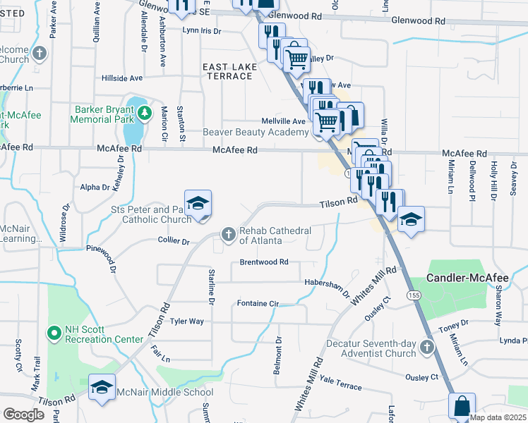 map of restaurants, bars, coffee shops, grocery stores, and more near 2653 Tilson Road in Decatur