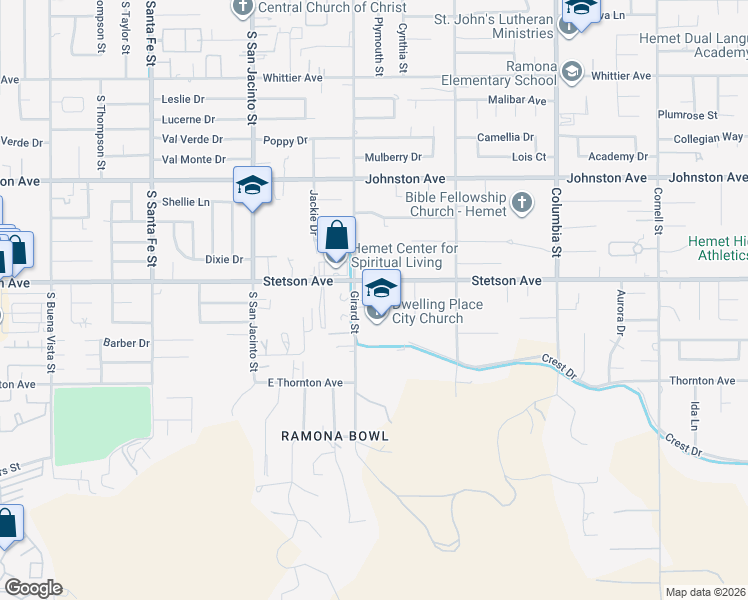 map of restaurants, bars, coffee shops, grocery stores, and more near 40539 Stetson Avenue in Hemet