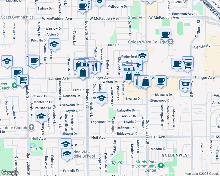 map of restaurants, bars, coffee shops, grocery stores, and more near 16081 Windemeir Lane in Huntington Beach