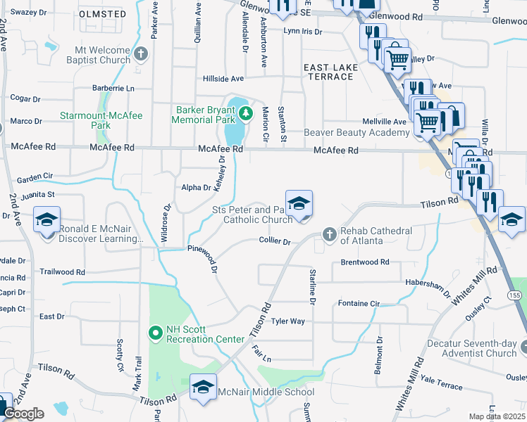 map of restaurants, bars, coffee shops, grocery stores, and more near 2371 Cresta Drive in Decatur