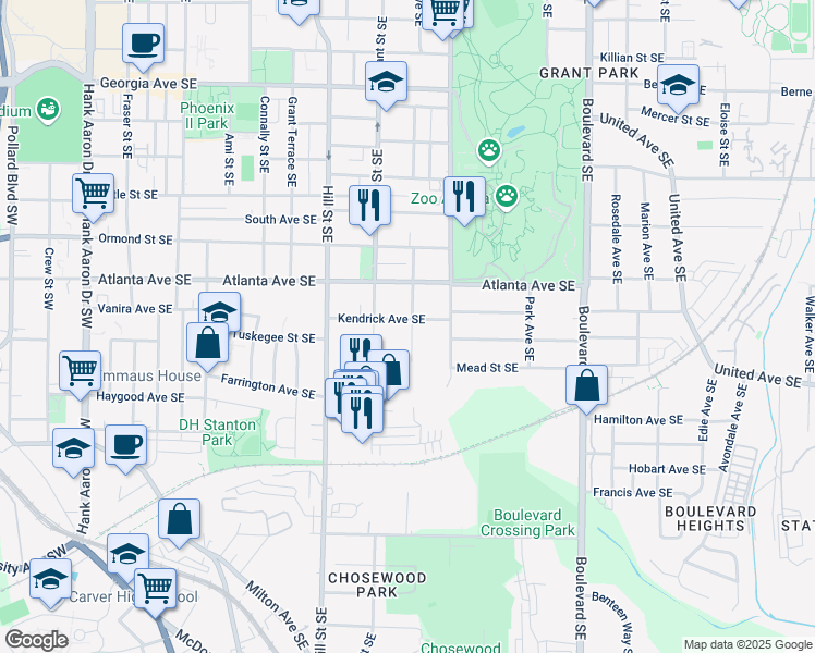 map of restaurants, bars, coffee shops, grocery stores, and more near 371 Kendrick Avenue Southeast in Atlanta