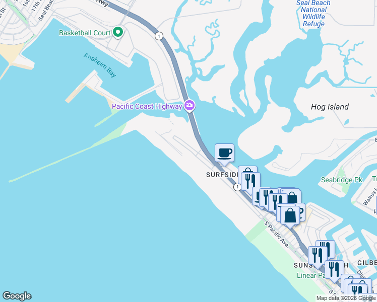 map of restaurants, bars, coffee shops, grocery stores, and more near 2 Surfside Avenue in Seal Beach