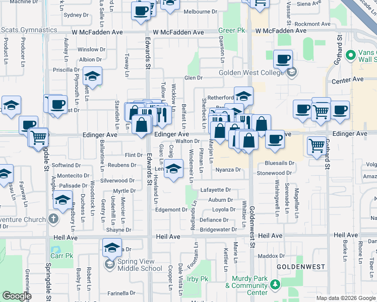 map of restaurants, bars, coffee shops, grocery stores, and more near 16062 Tellim Lane in Huntington Beach
