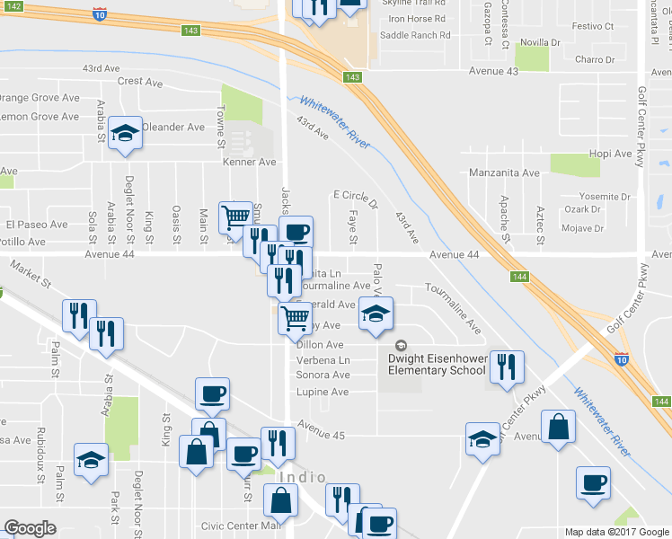 map of restaurants, bars, coffee shops, grocery stores, and more near 83130 Bonita Lane in Indio