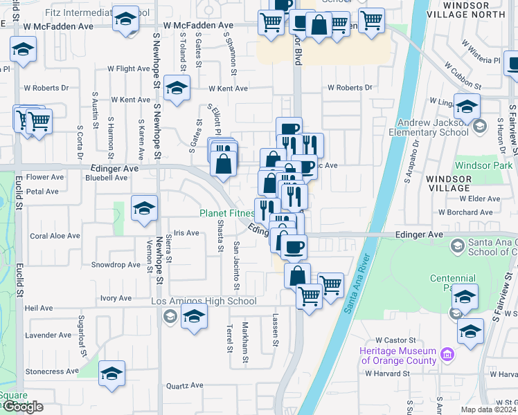 map of restaurants, bars, coffee shops, grocery stores, and more near 11869 Jade Court in Fountain Valley