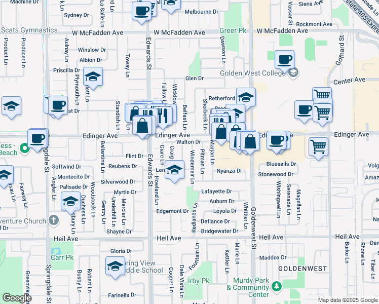 map of restaurants, bars, coffee shops, grocery stores, and more near 16081 Windemeir Lane in Huntington Beach