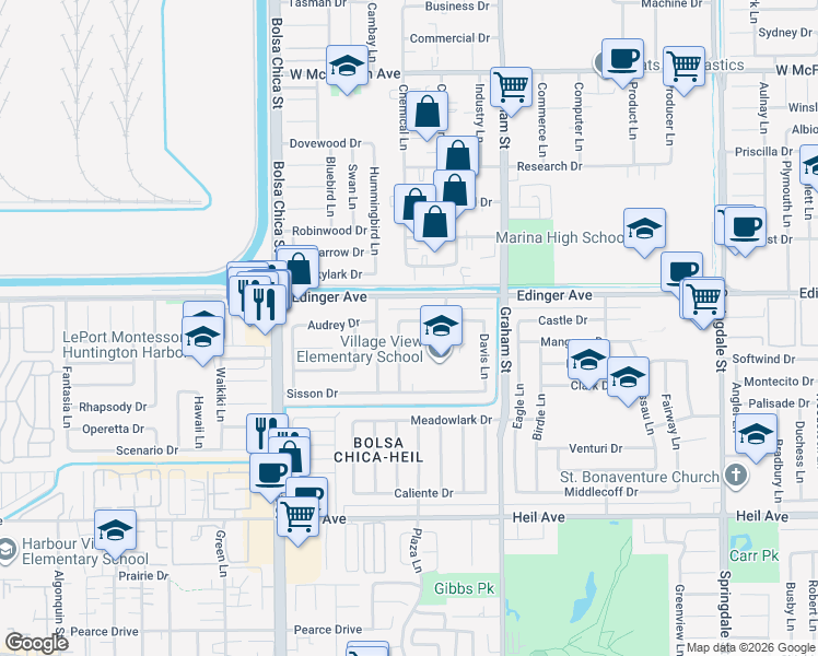 map of restaurants, bars, coffee shops, grocery stores, and more near 5292 Hendricksen Drive in Huntington Beach