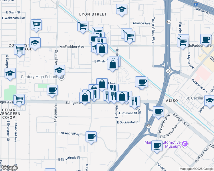 map of restaurants, bars, coffee shops, grocery stores, and more near 1800 East Borchard Avenue in Santa Ana