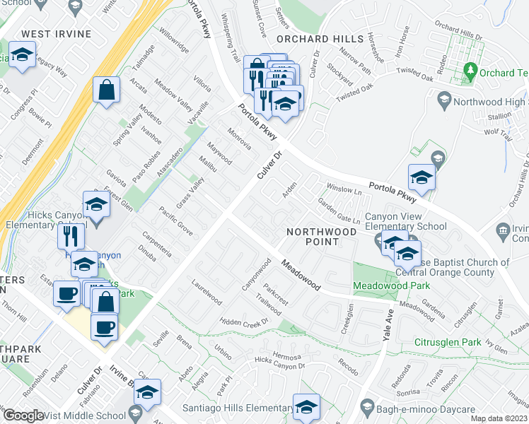 map of restaurants, bars, coffee shops, grocery stores, and more near 915 Somerville in Irvine