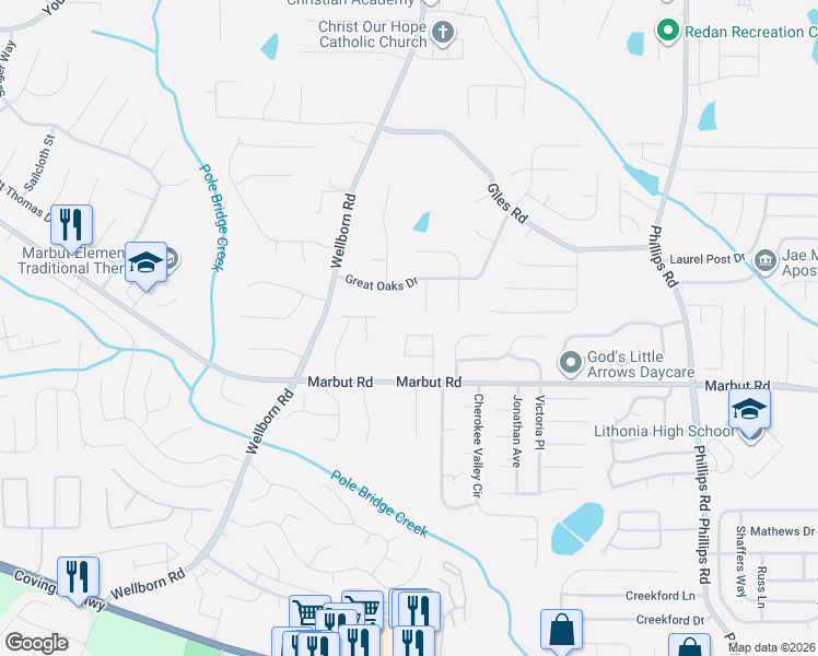 map of restaurants, bars, coffee shops, grocery stores, and more near 2046 Hilda Burns Place in Lithonia