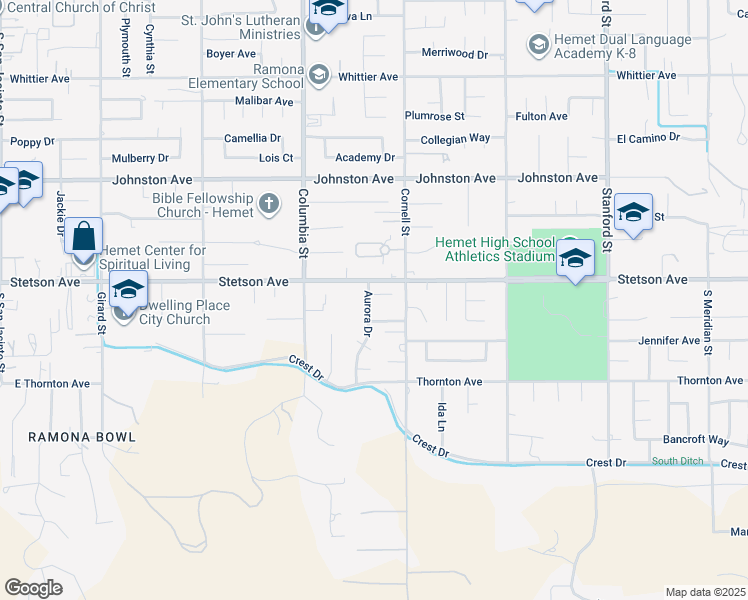 map of restaurants, bars, coffee shops, grocery stores, and more near 41171 Granada Circle in Hemet