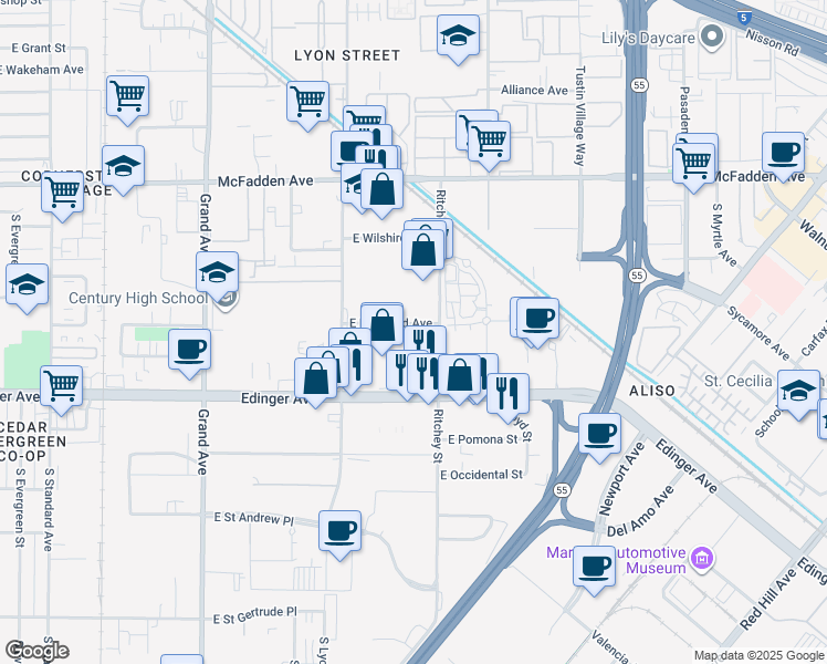 map of restaurants, bars, coffee shops, grocery stores, and more near 1810 East Borchard Avenue in Santa Ana