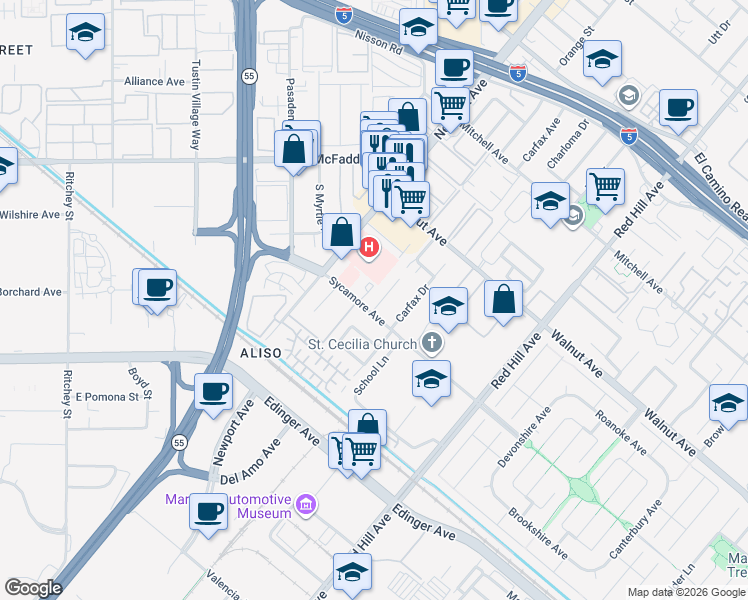 map of restaurants, bars, coffee shops, grocery stores, and more near 14711 Del Amo Avenue in Tustin