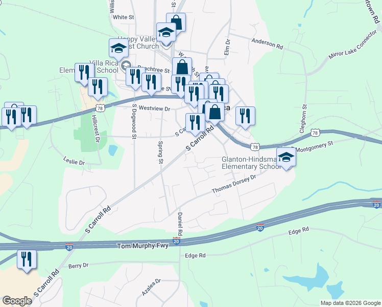 map of restaurants, bars, coffee shops, grocery stores, and more near 228 South Carroll Road in Villa Rica