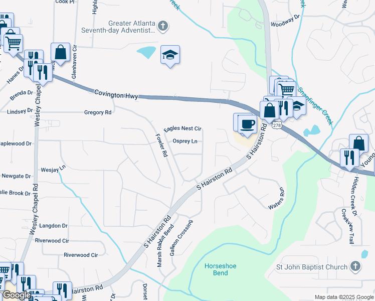 map of restaurants, bars, coffee shops, grocery stores, and more near 4620 Pigeon Island Drive in Decatur