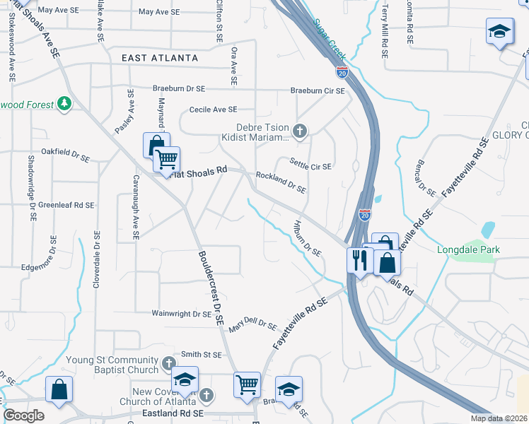 map of restaurants, bars, coffee shops, grocery stores, and more near 1019 Leah Lane Southeast in Atlanta