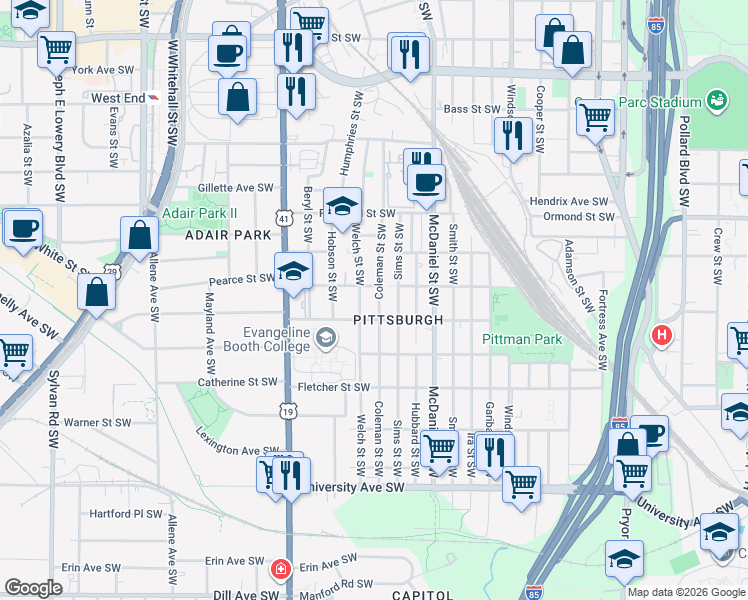 map of restaurants, bars, coffee shops, grocery stores, and more near 955 Coleman Street Southwest in Atlanta