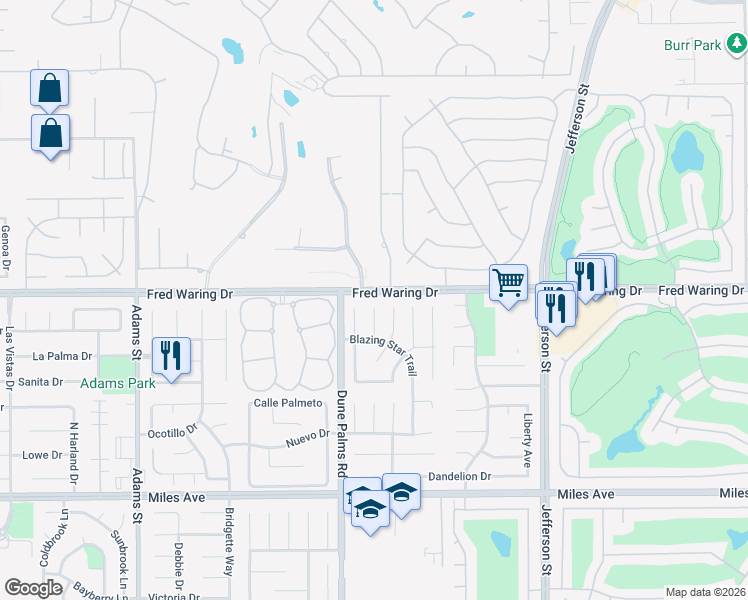 map of restaurants, bars, coffee shops, grocery stores, and more near 44030 Mariposa Court in La Quinta
