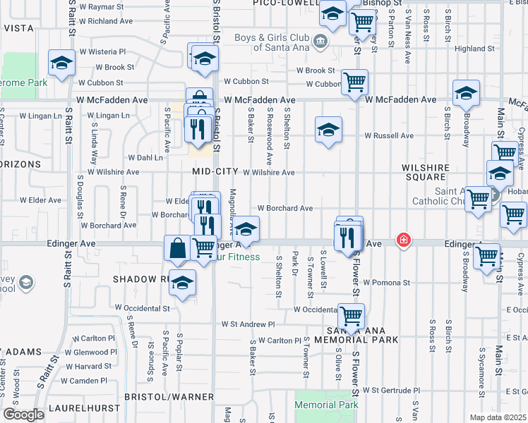 map of restaurants, bars, coffee shops, grocery stores, and more near 1402 South Rosewood Avenue in Santa Ana