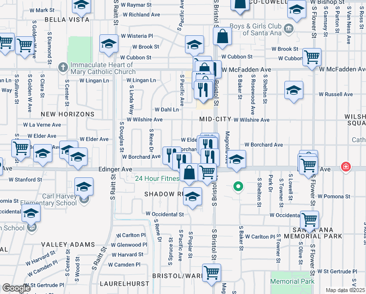 map of restaurants, bars, coffee shops, grocery stores, and more near 1431 West Borchard Avenue in Santa Ana