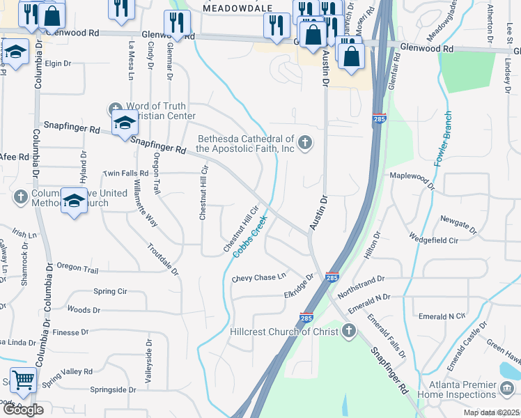 map of restaurants, bars, coffee shops, grocery stores, and more near 2299 Chestnut Hill Circle in Decatur