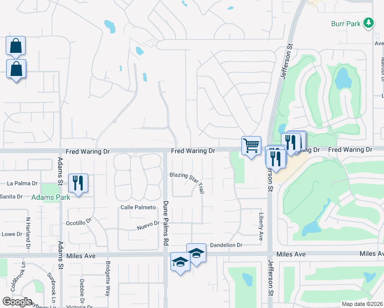 map of restaurants, bars, coffee shops, grocery stores, and more near 44030 Calico Circle in La Quinta
