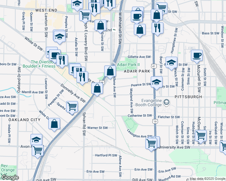 map of restaurants, bars, coffee shops, grocery stores, and more near 953 Allene Avenue Southwest in Atlanta