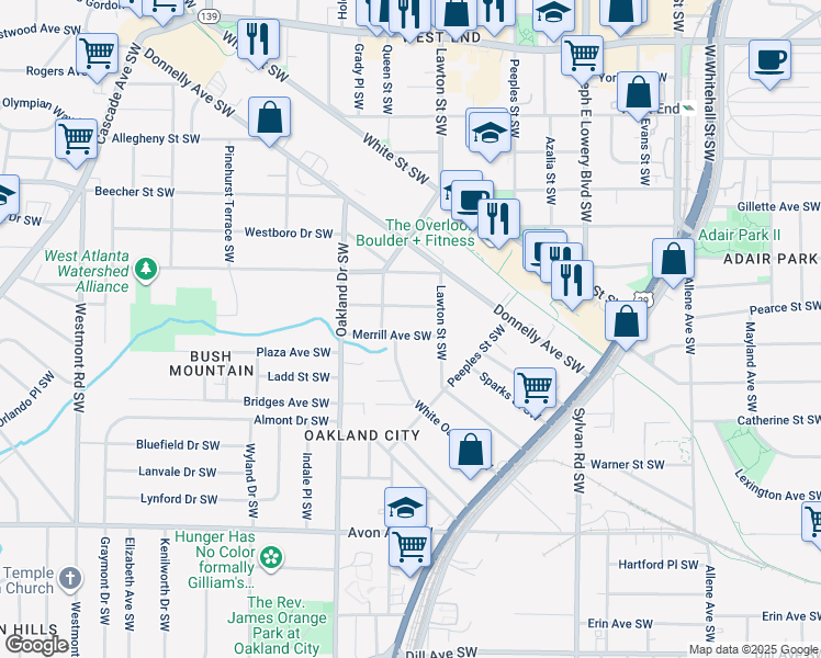 map of restaurants, bars, coffee shops, grocery stores, and more near 1121 Merrill Avenue Southwest in Atlanta