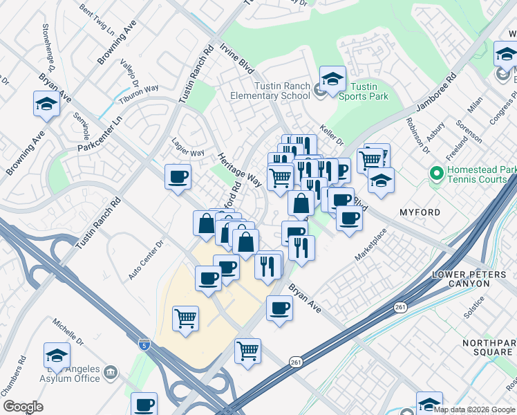 map of restaurants, bars, coffee shops, grocery stores, and more near 13377 Savanna in Tustin