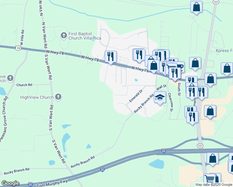 map of restaurants, bars, coffee shops, grocery stores, and more near 1217 Topaz Lane in Villa Rica