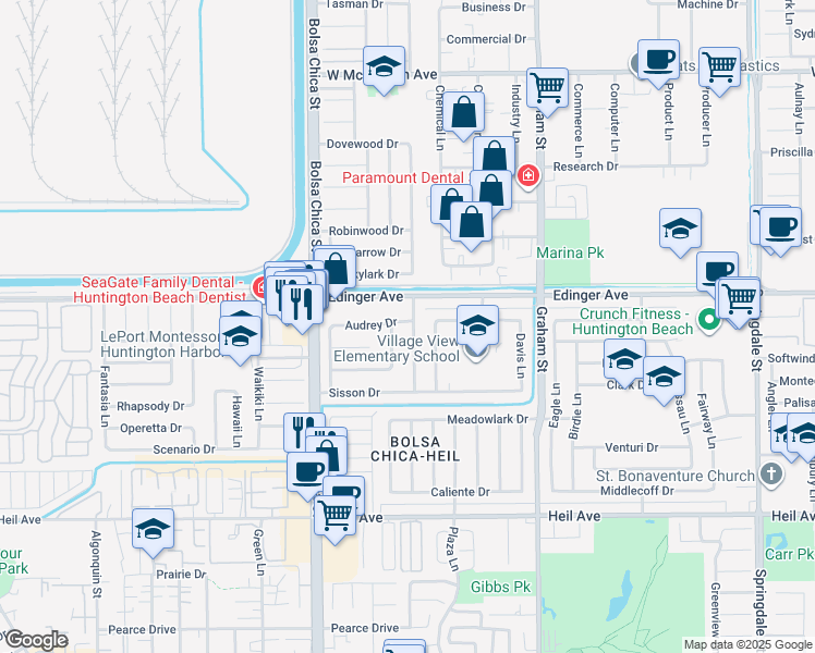 map of restaurants, bars, coffee shops, grocery stores, and more near 16061 Warren Lane in Huntington Beach