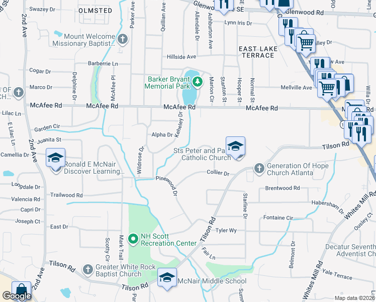 map of restaurants, bars, coffee shops, grocery stores, and more near 2316 Cresta Drive in Decatur