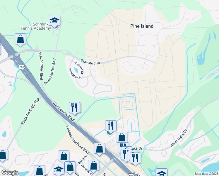map of restaurants, bars, coffee shops, grocery stores, and more near 754 Salerno Circle in Myrtle Beach