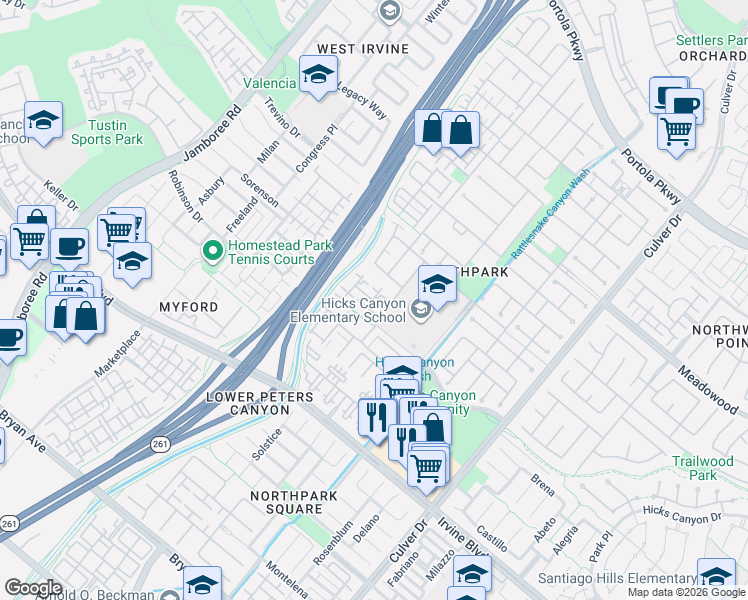 map of restaurants, bars, coffee shops, grocery stores, and more near 502 Terra Bella in Irvine