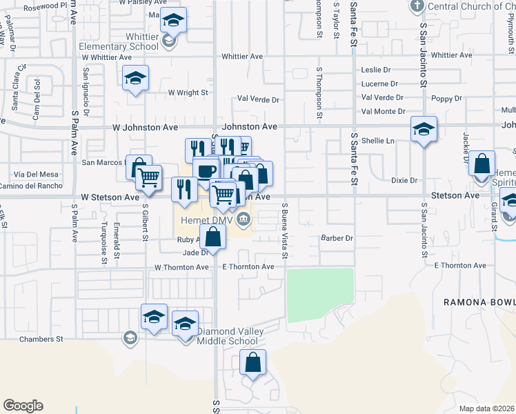 map of restaurants, bars, coffee shops, grocery stores, and more near 340 Magnolia Circle in Hemet