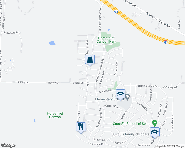 map of restaurants, bars, coffee shops, grocery stores, and more near 13188 Outlaw Circle in Corona