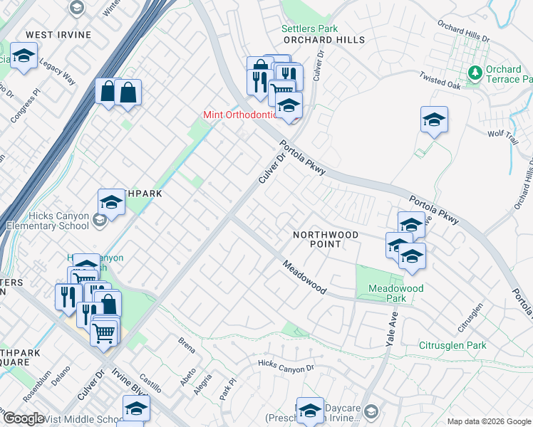 map of restaurants, bars, coffee shops, grocery stores, and more near 917 Somerville in Irvine