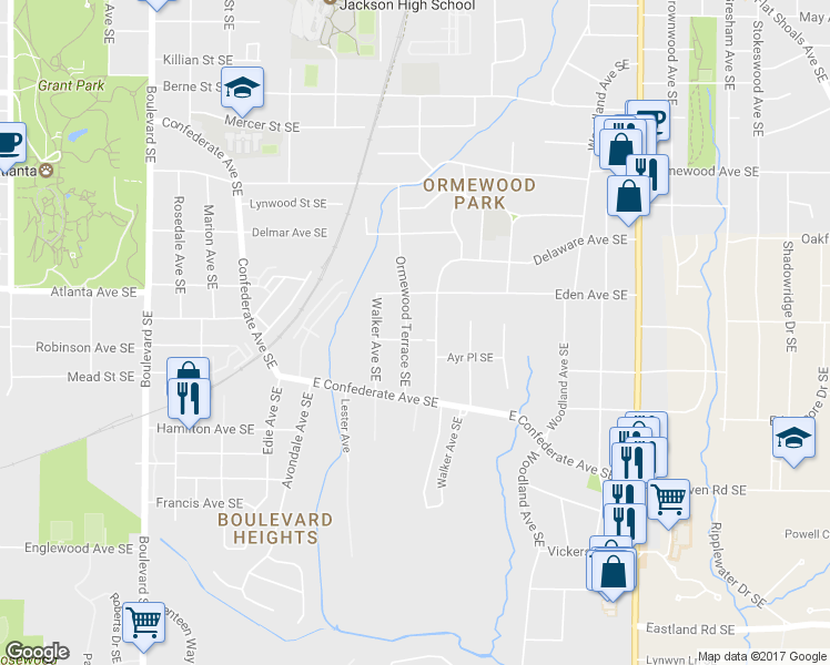 map of restaurants, bars, coffee shops, grocery stores, and more near 936 Ormewood Terrace Southeast in Atlanta