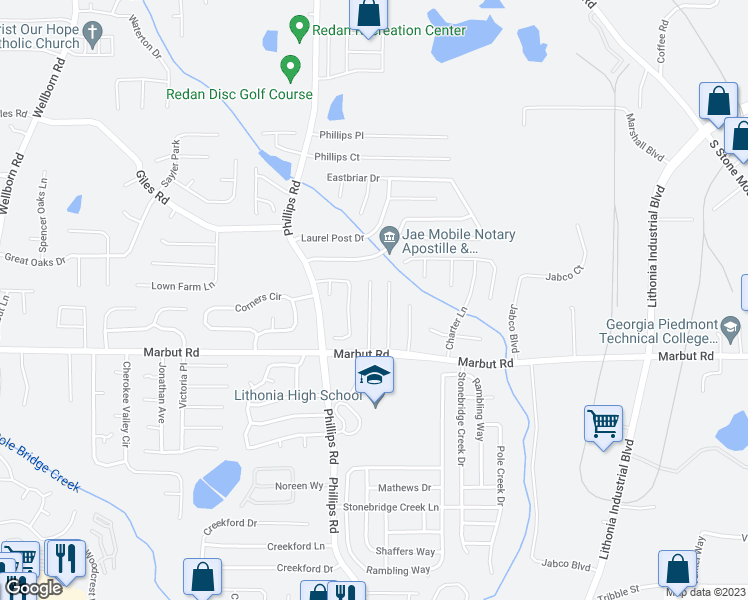 map of restaurants, bars, coffee shops, grocery stores, and more near 2062 West Morgan's Bluff Court in Lithonia