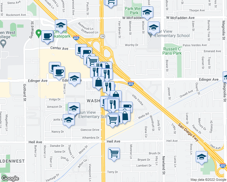 map of restaurants, bars, coffee shops, grocery stores, and more near 16152 Beach Boulevard in Huntington Beach