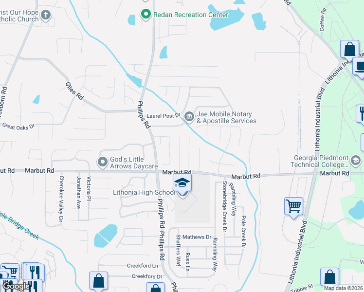 map of restaurants, bars, coffee shops, grocery stores, and more near 2059 Charles Cudd Court in Lithonia