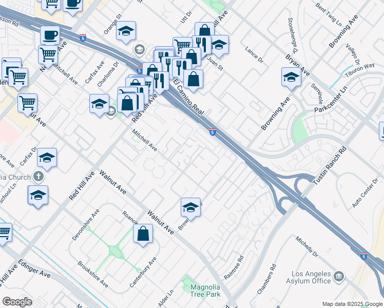 map of restaurants, bars, coffee shops, grocery stores, and more near 95 Hickory Branch in Tustin