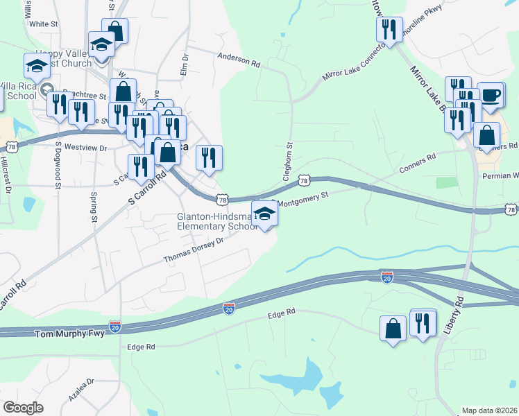 map of restaurants, bars, coffee shops, grocery stores, and more near 420 East Montgomery Street in Villa Rica